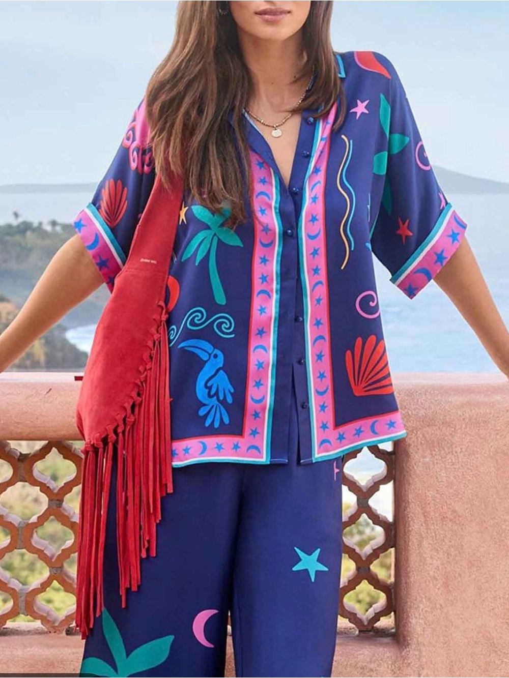 JOHNNY WAS JADE Navy Colorful Palomas Short Sleeve Shirt & Pants Set! Tags! Lg